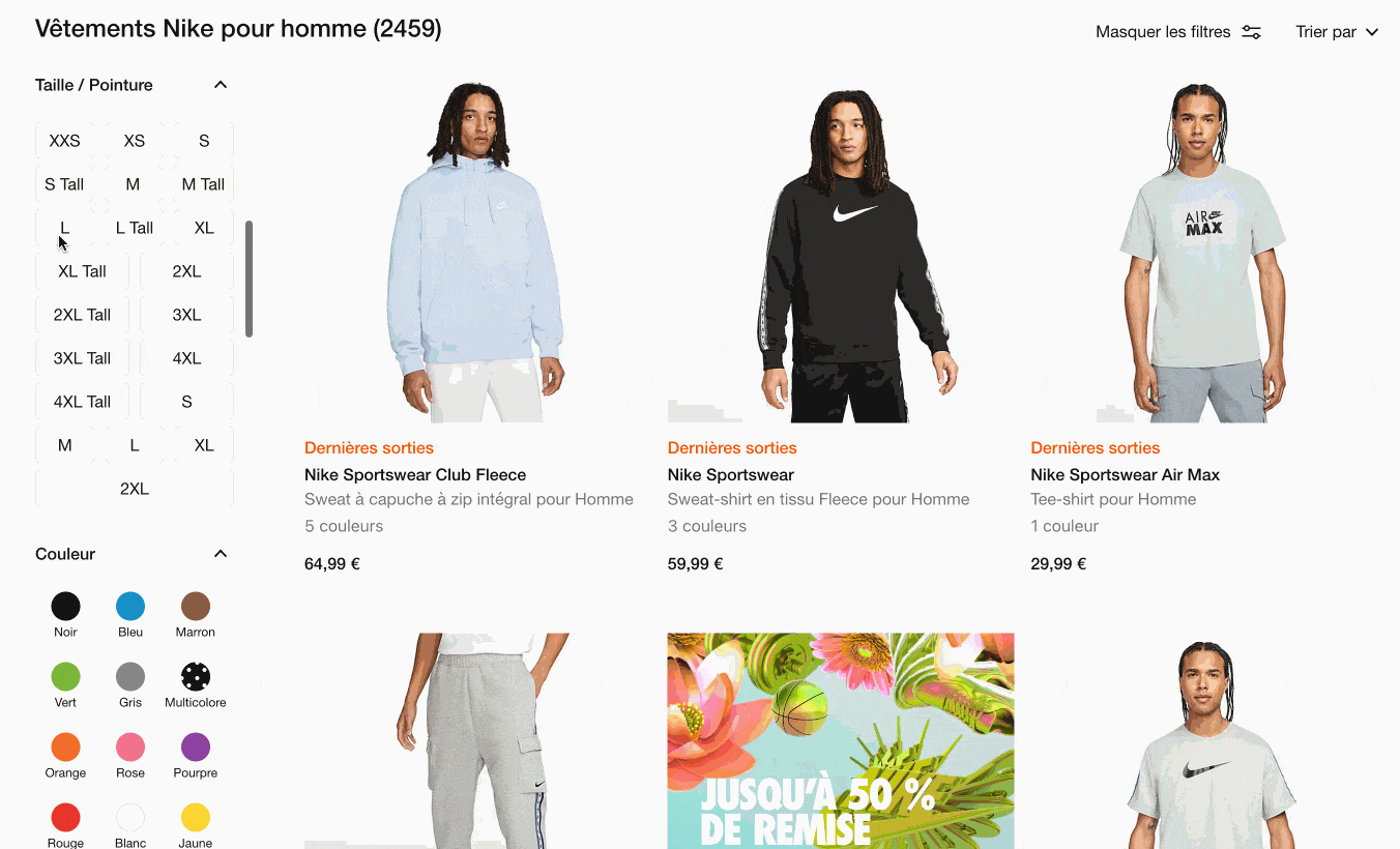 Un exemple de recherche à facettes sur le site de Nike.