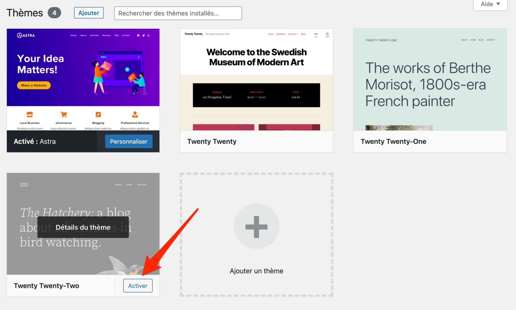 Activation du thème WordPress Twenty Twenty-Two.