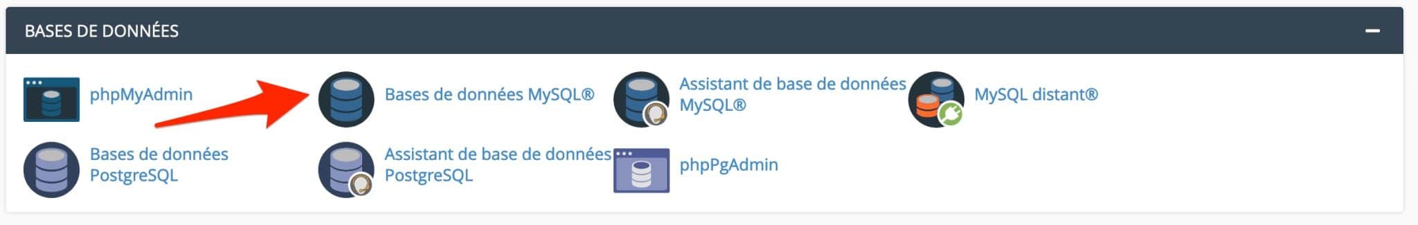 Encart Bases de données MySQL sur cPanel.