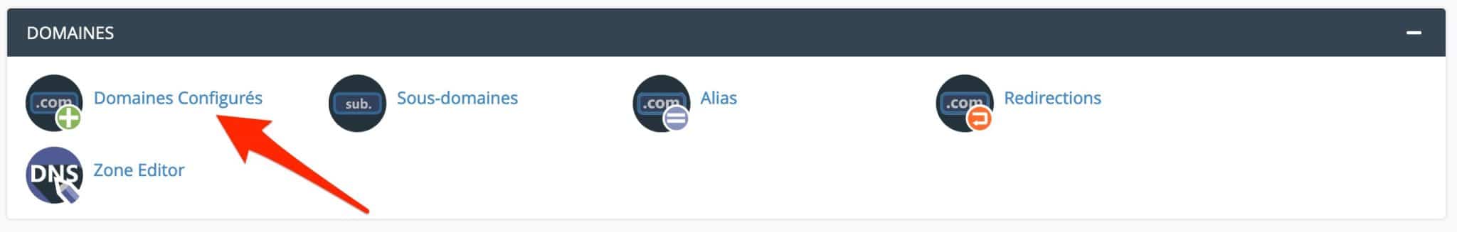 Lien « Domaines configurés » sur le cPanel.