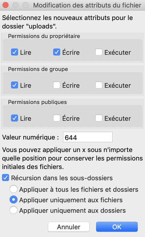 Permissions 644 des fichiers.