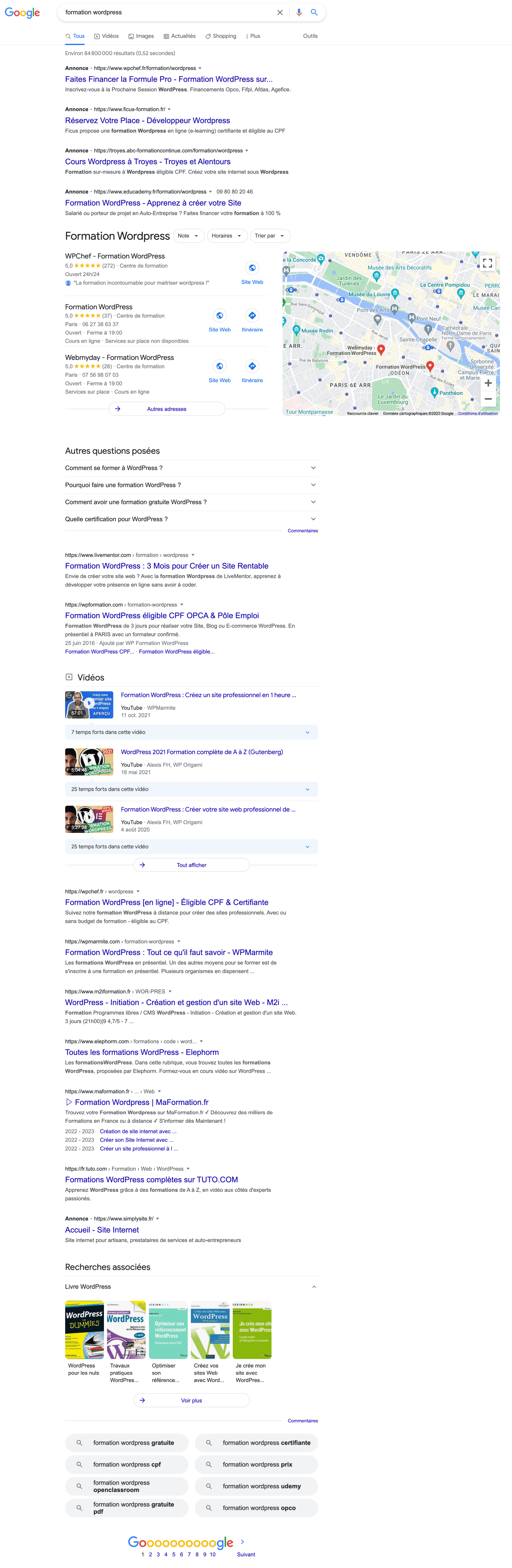 Google affiche les contenus les mieux positionnés pour la requête « formation wordpress ».