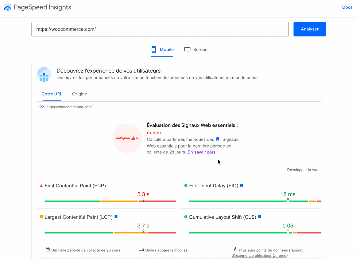 Analyse d'une page avec PageSpeed Insights.