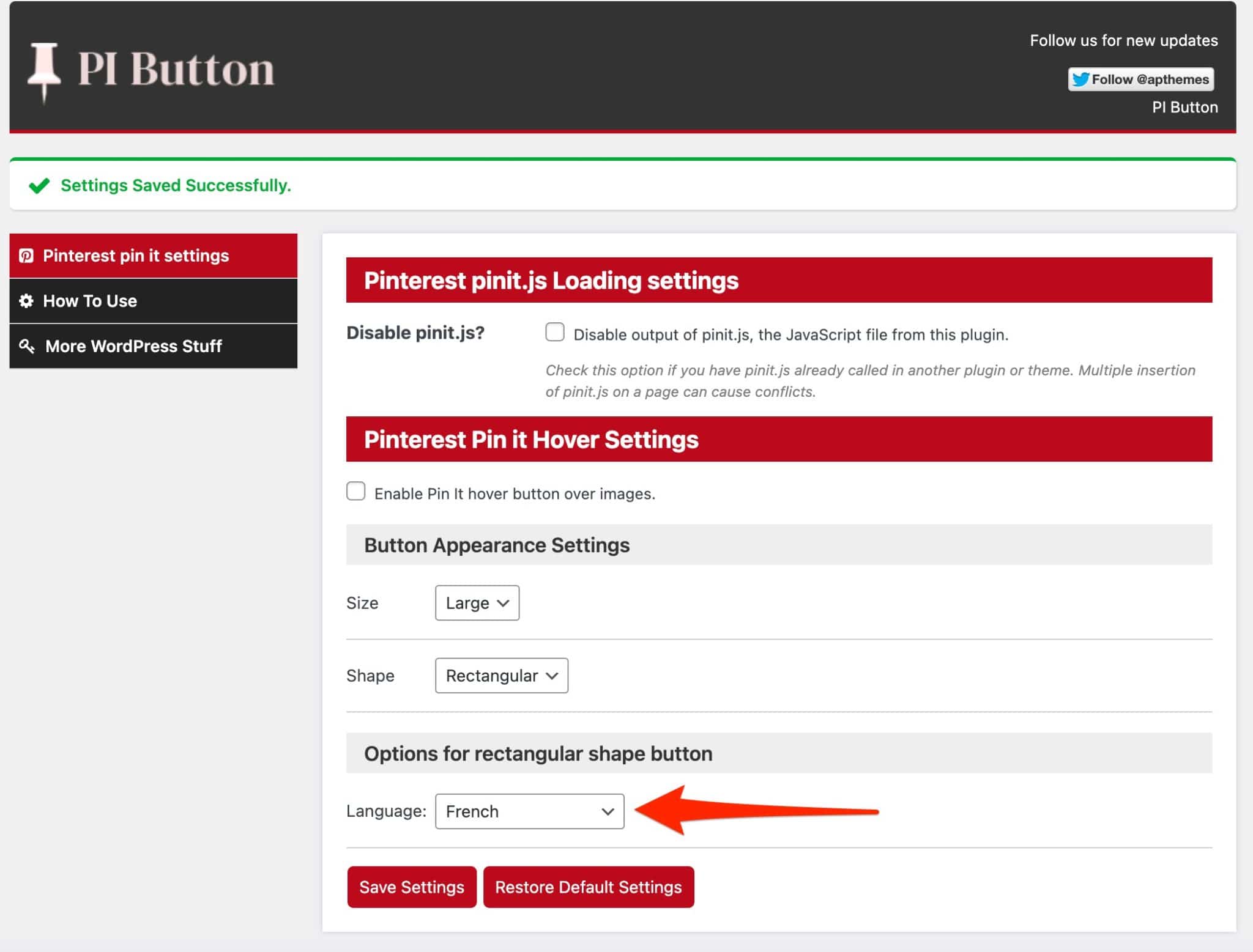 Les réglages de l'extension Pinterest PI Button.