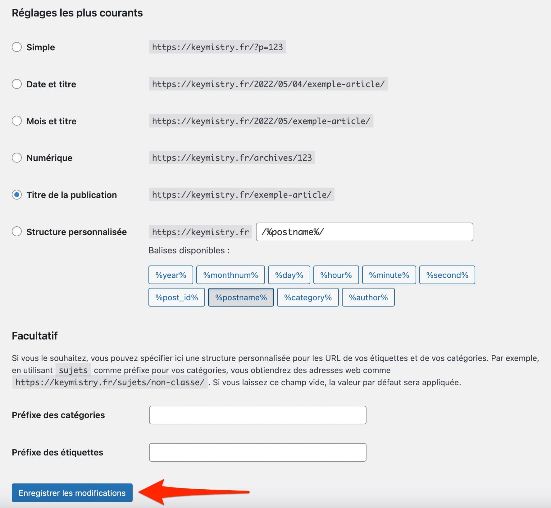 Réglages des permaliens sur l'administration de WordPress.
