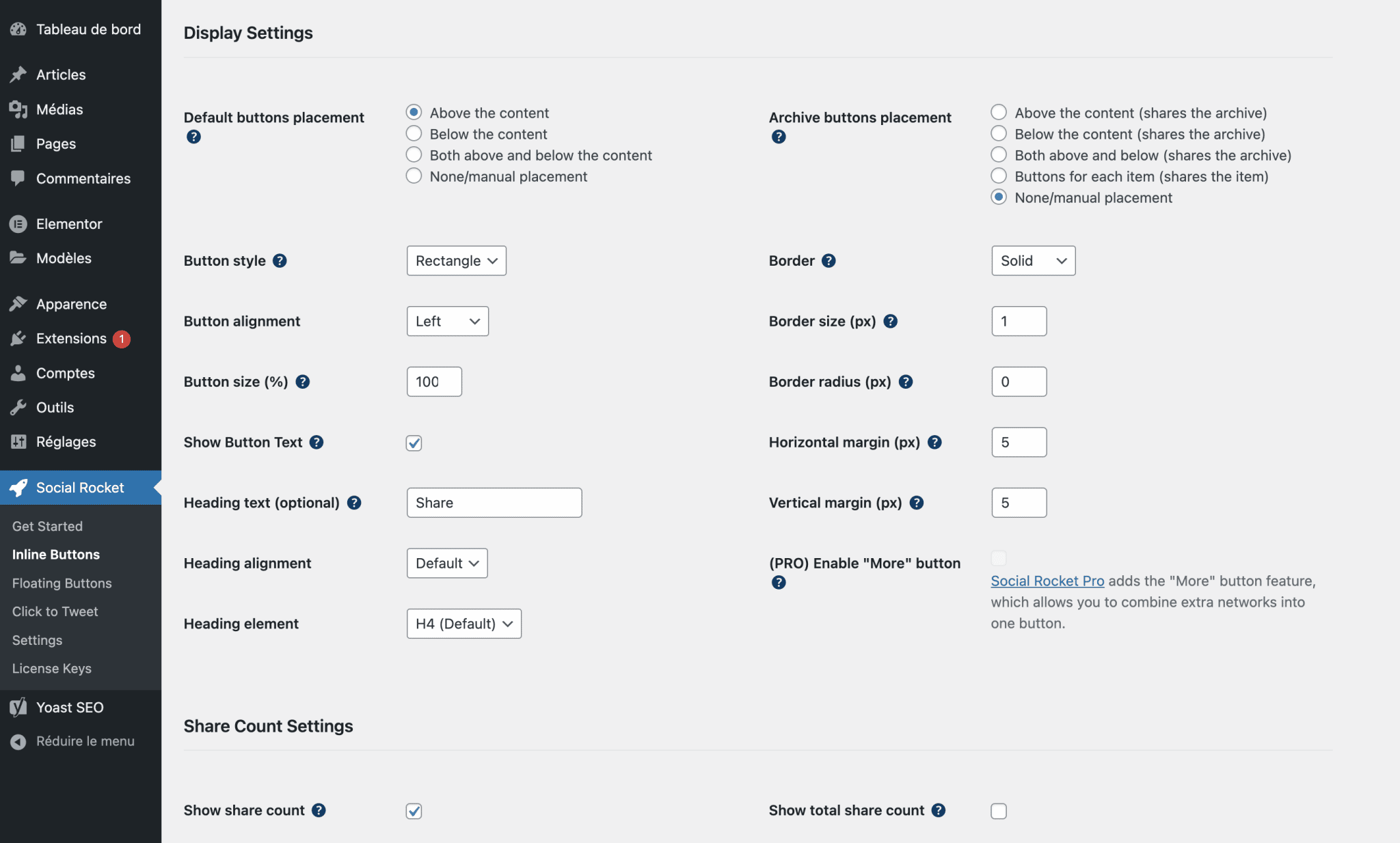Social Rocket permet d'ajouter un bouton de partage Pinterest à vos publications WordPress.
