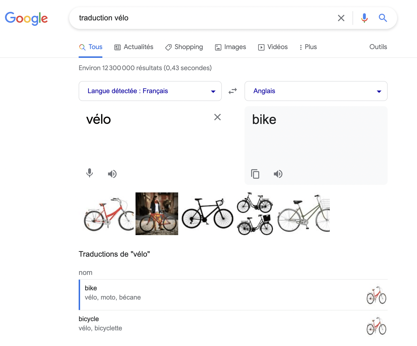 Google affiche un encart Google Traduction pour la requête « traduction vélo ».