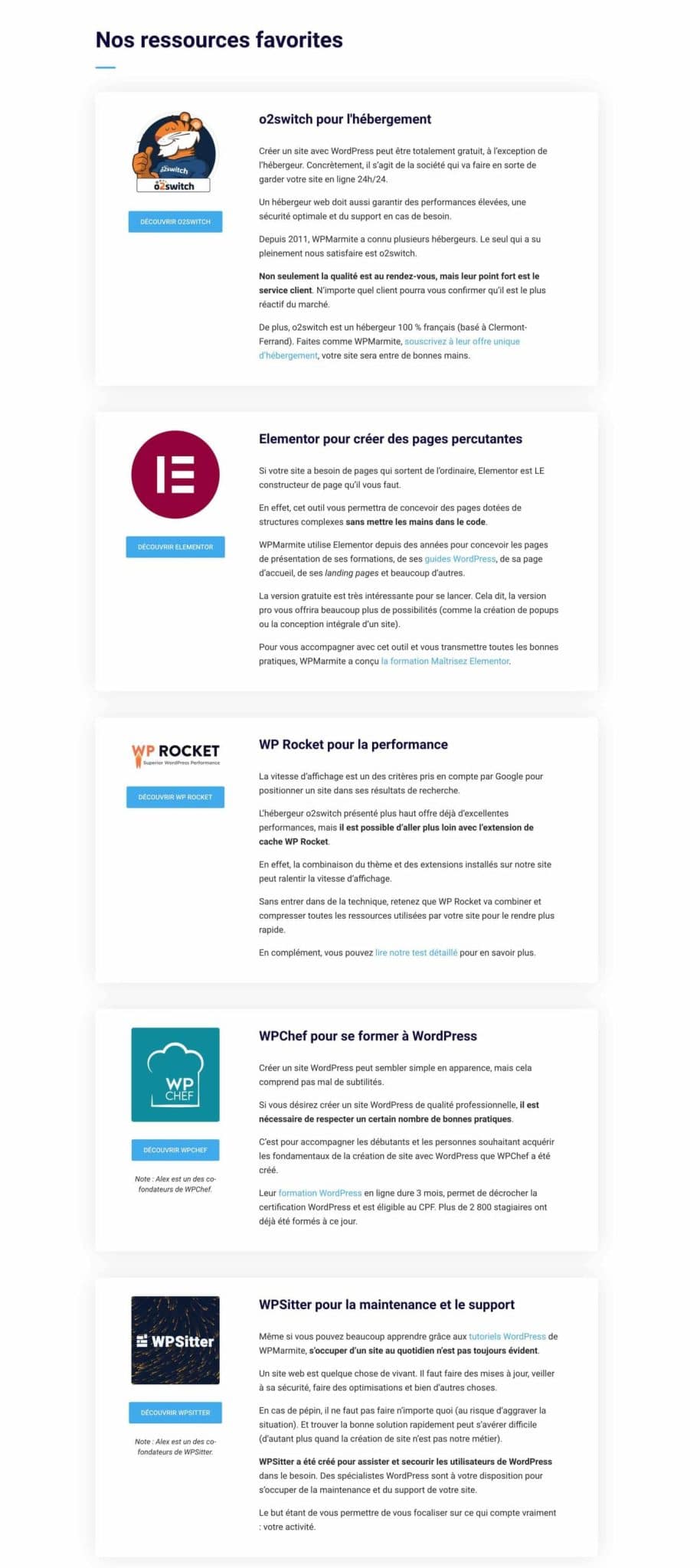 Un morceau de la page Ressources de WPMarmite.