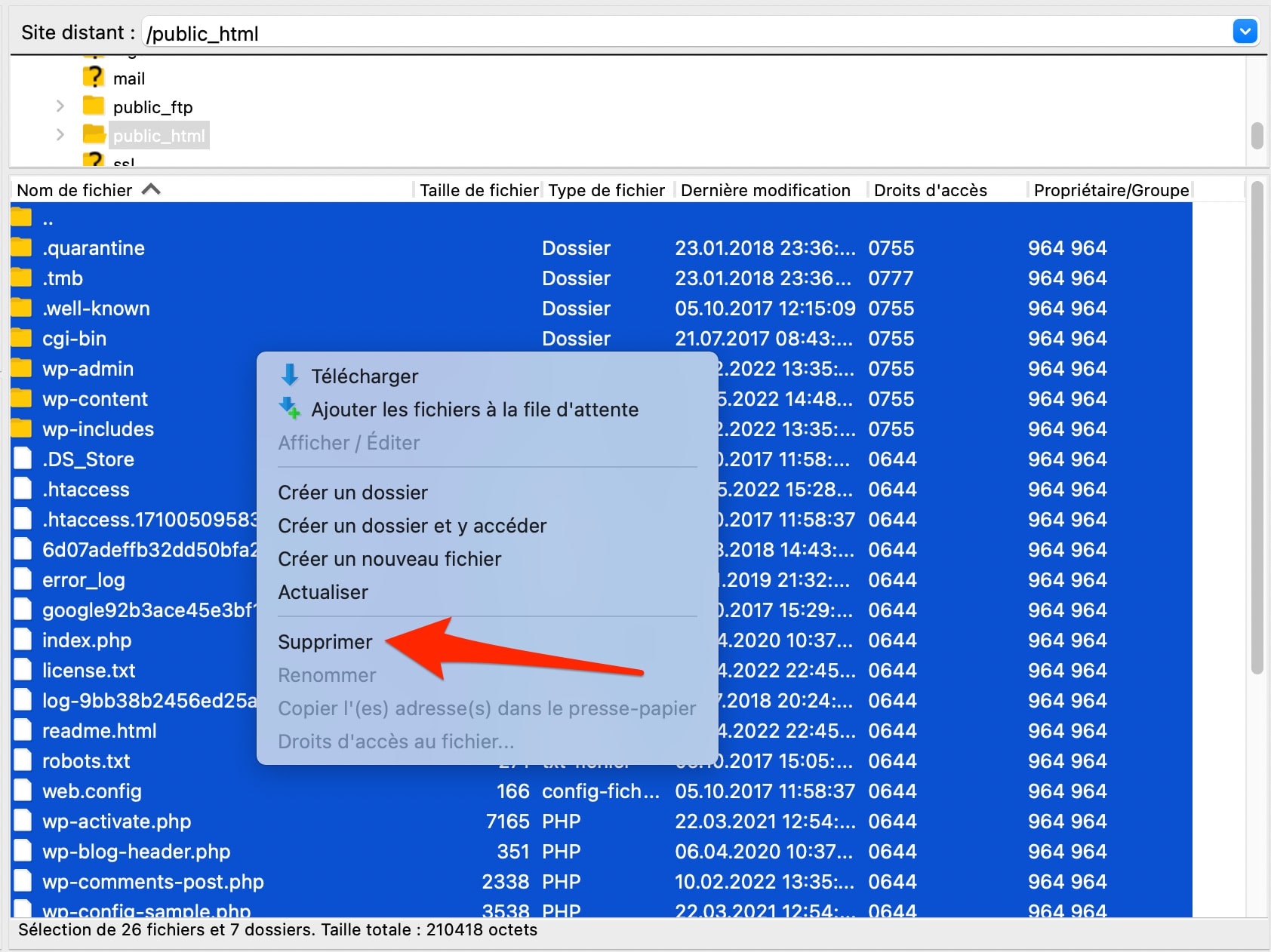 Un client FTP permet de supprimer un site WordPress.