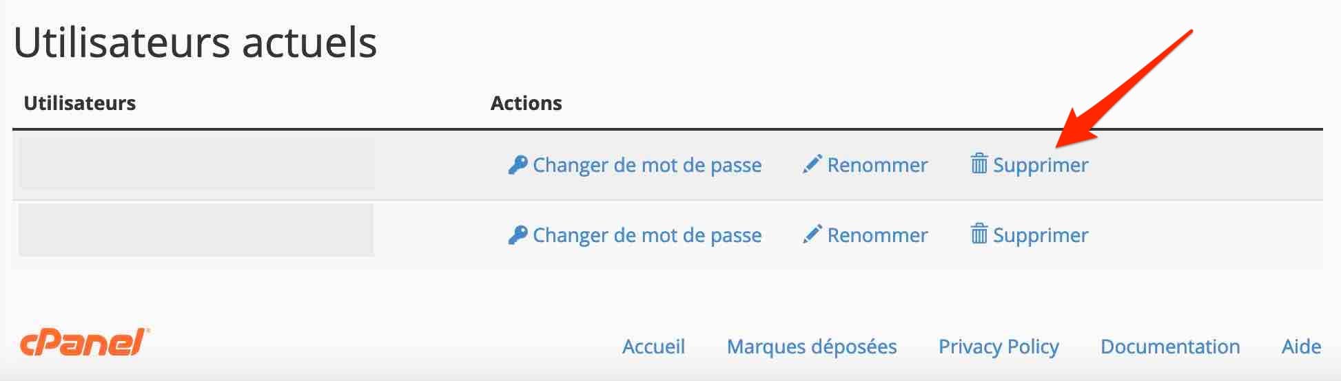 Utilisateurs d'une base de données sur le cPanel.