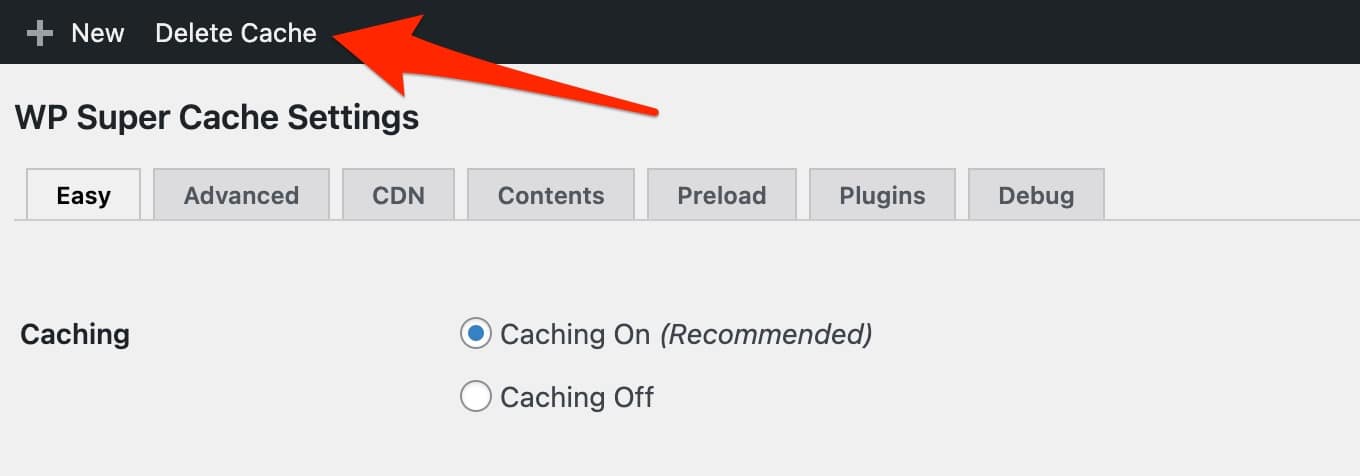 A Purge button allows to clear cache on WordPress.