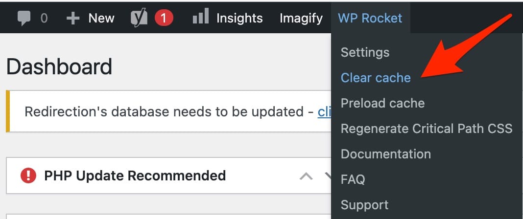 WP Rocket has a dashboard option to clear cache on WordPress.