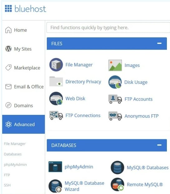 Bluehost offers a cPanel to manage files and databases of your site.