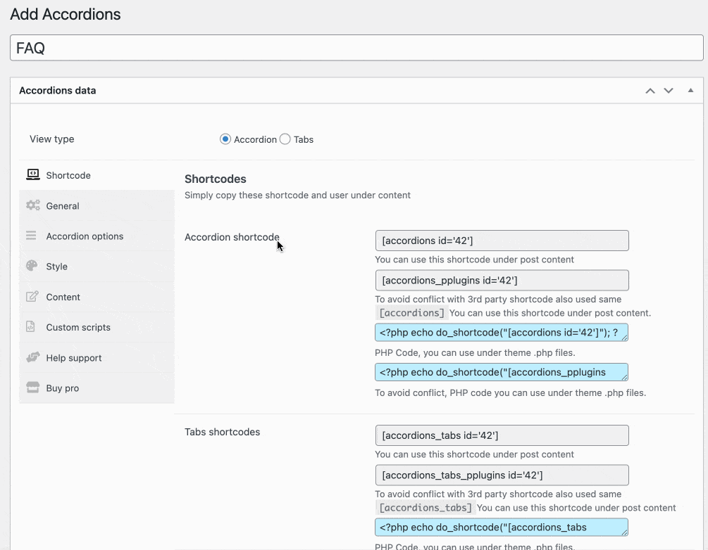 Settings for the Accordion plugin.