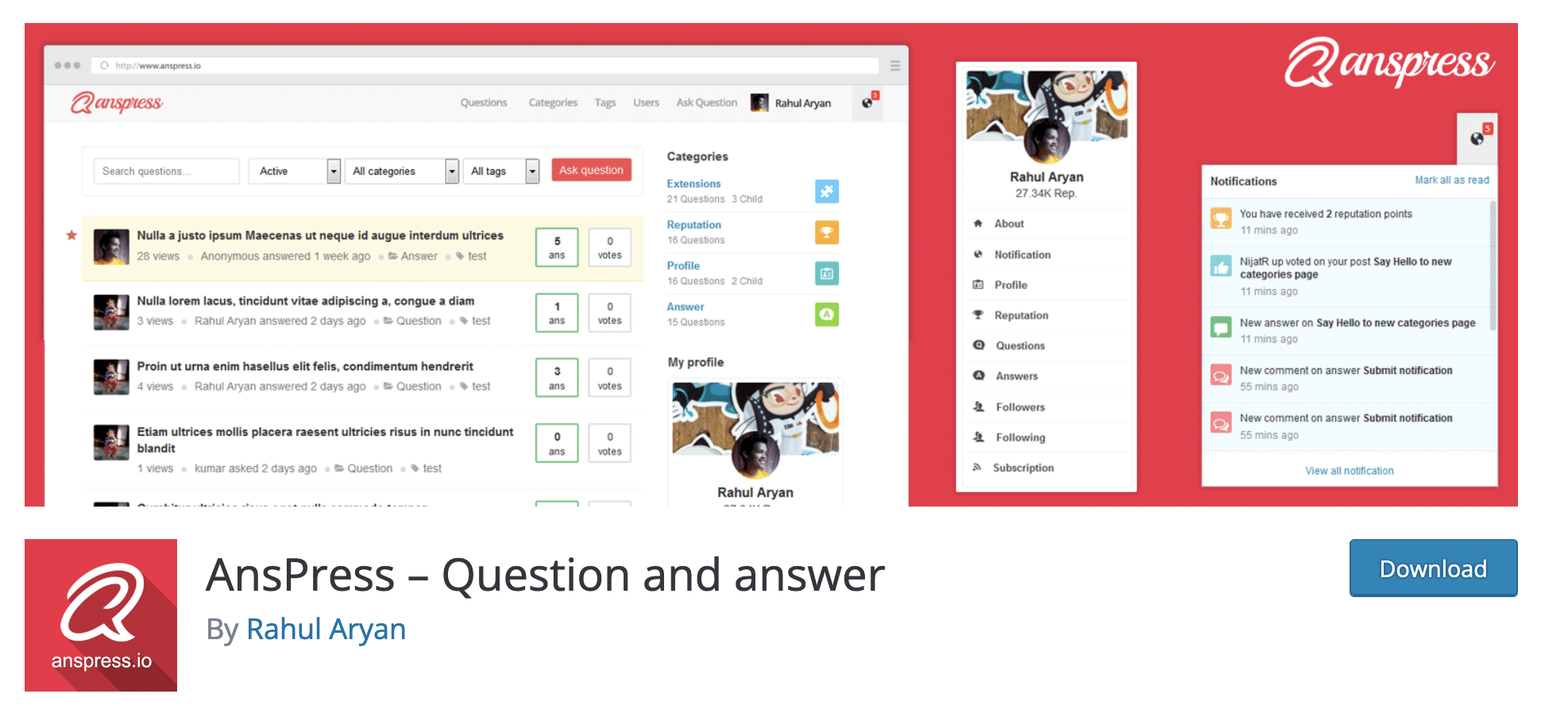 AnsPress FAQ plugin download page.