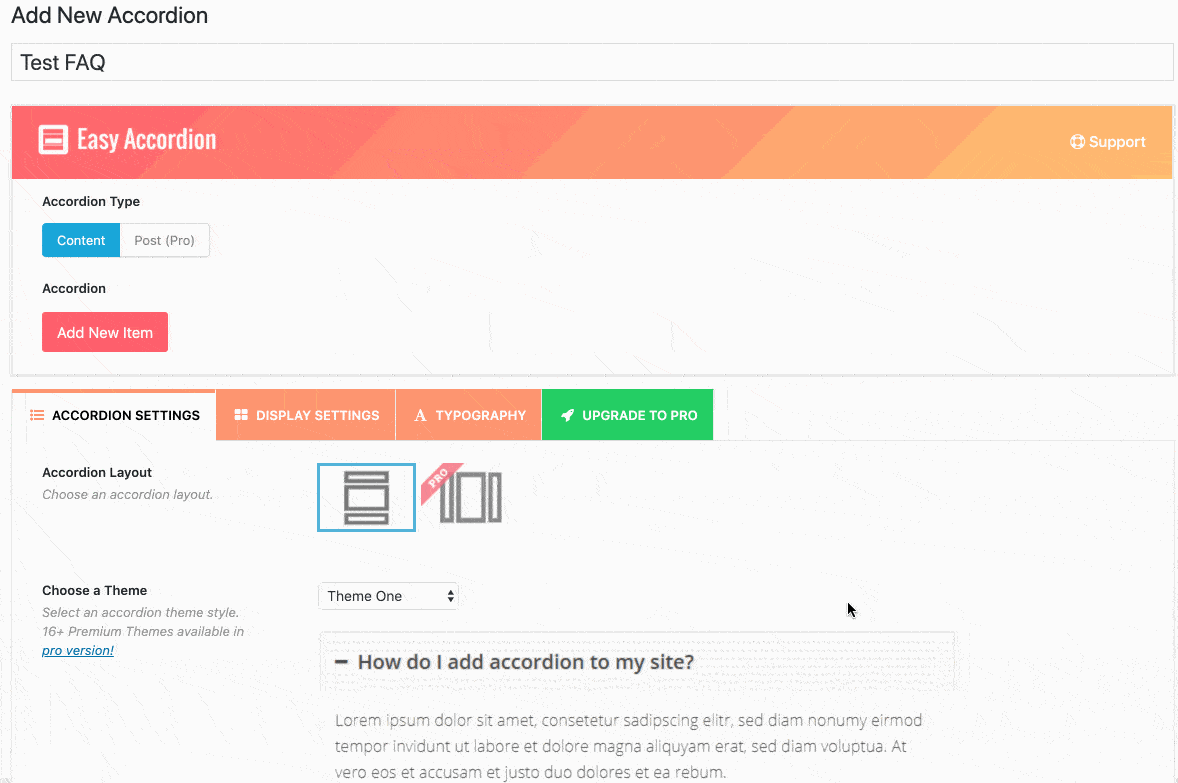 Easy Accordion settings.