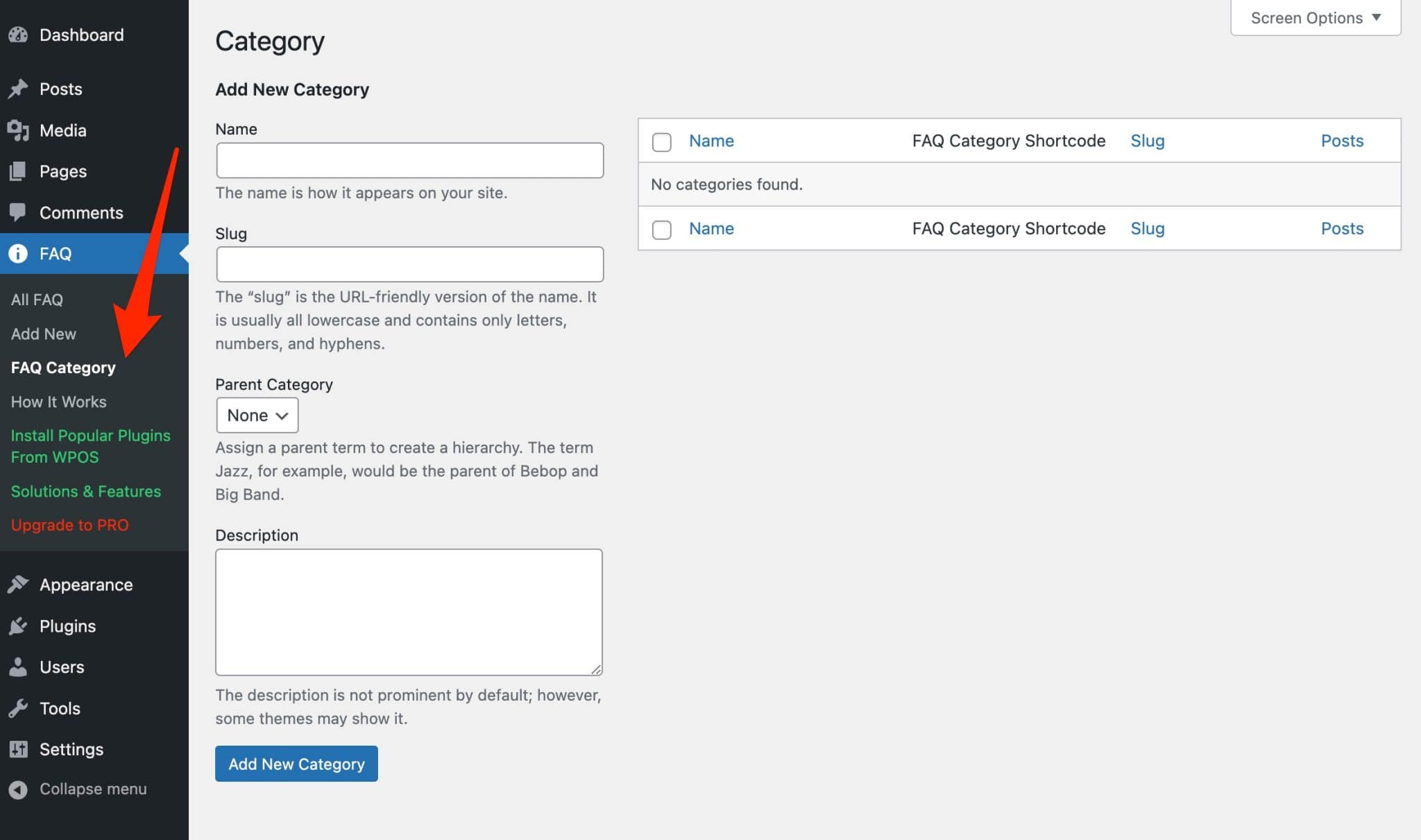 Add New FAQ Category on the WP responsive FAQ with category plugin.
