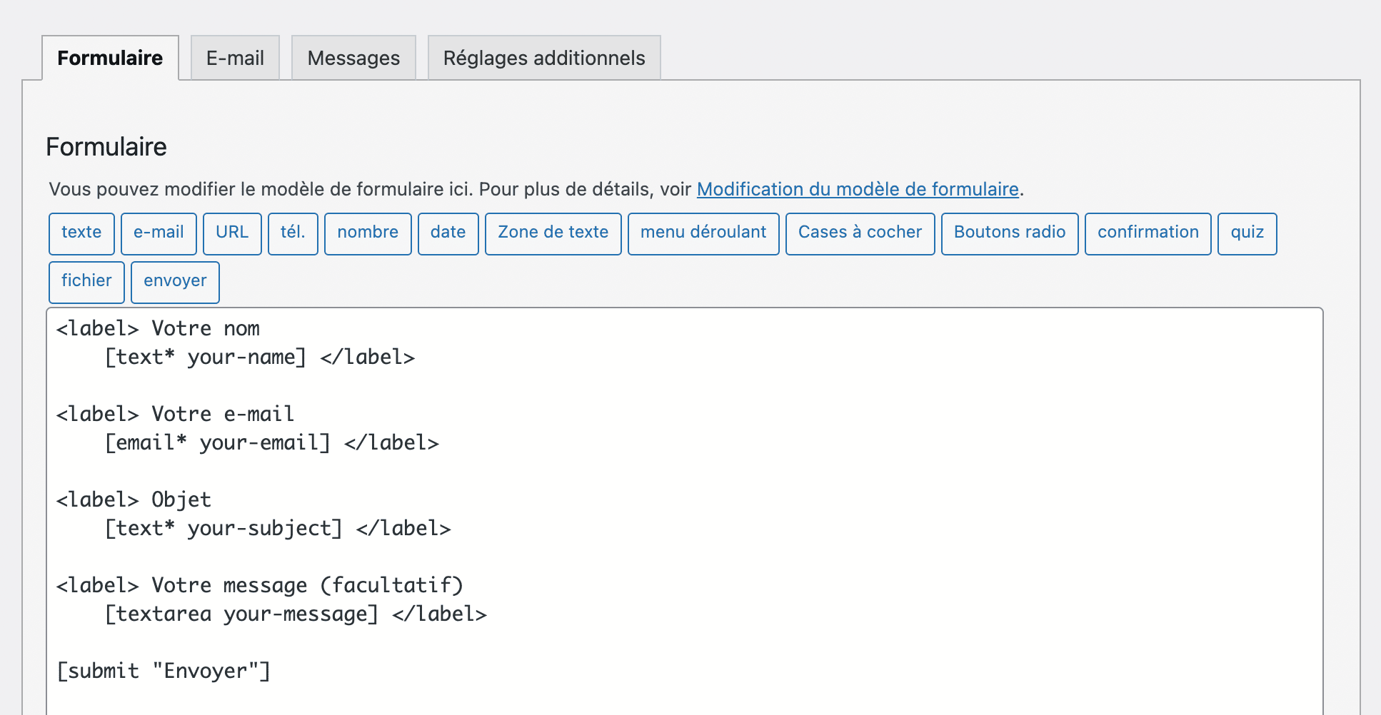 Interface du plugin de formulaire Contact Form 7 sur WordPress.