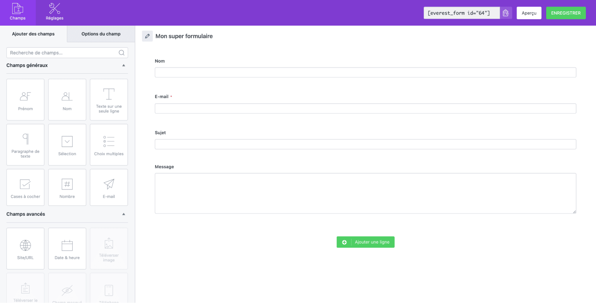 L'interface de l'extension de formulaire de contact WordPress Everest Forms.