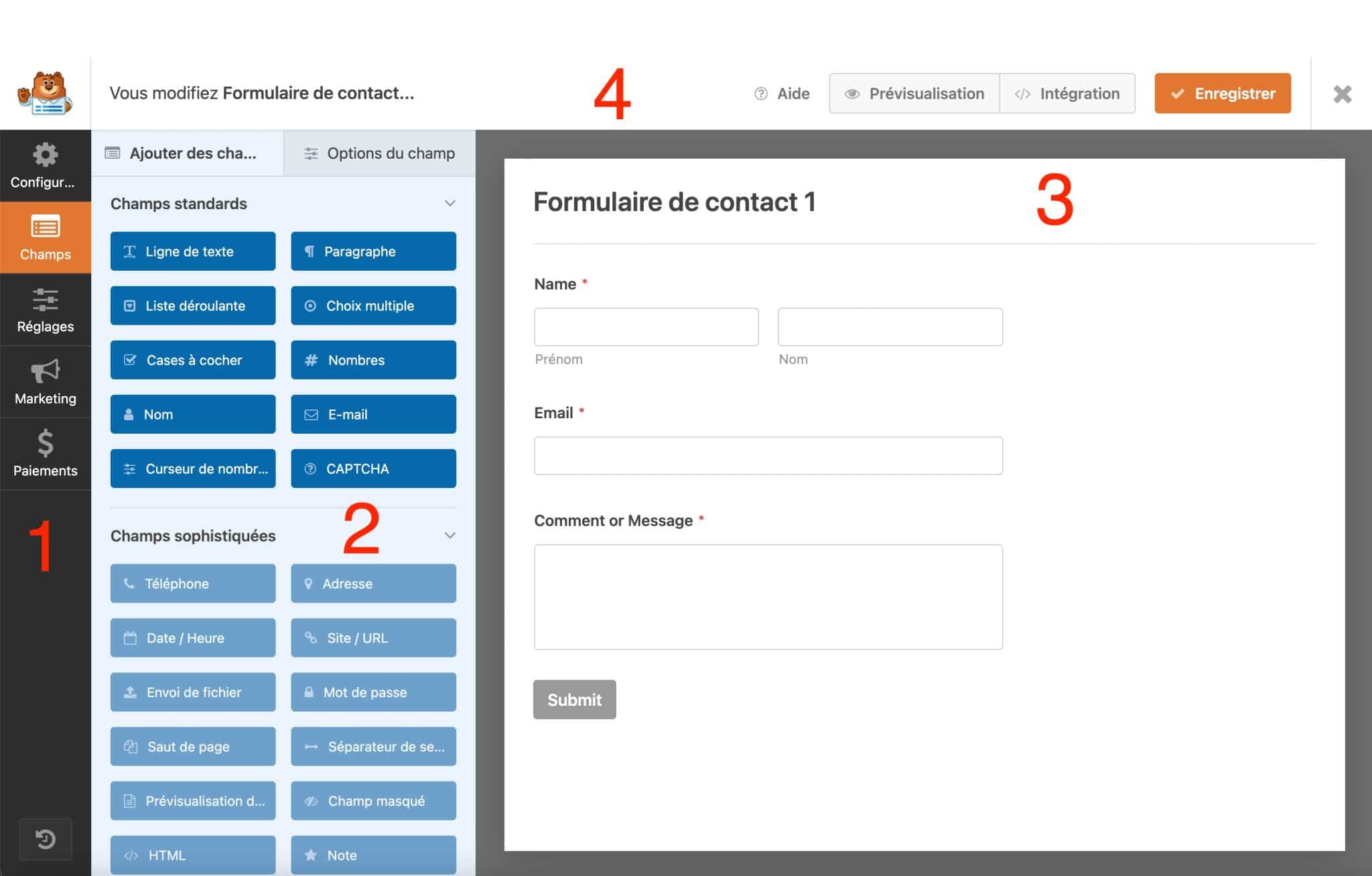 L'interface d'édition de WPForms sur WordPress.