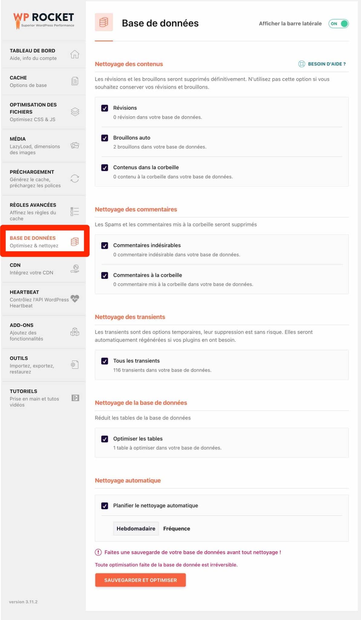 L'onglet Base de données de WP Rocket.