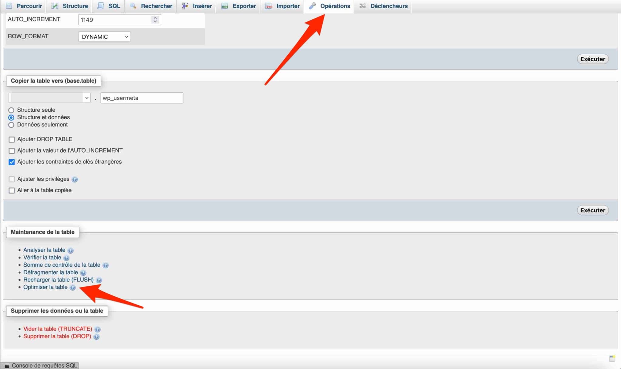 Optimisation d'une table de la base de données d'un site WordPress.