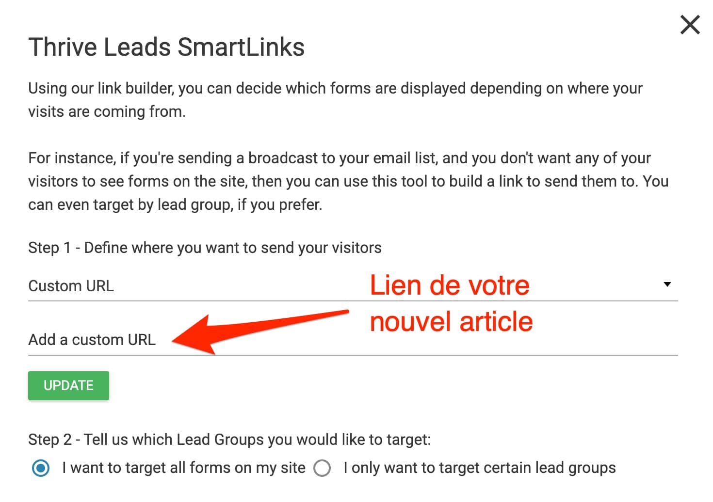 Ajout d'un smart link sur Thrive Leads.