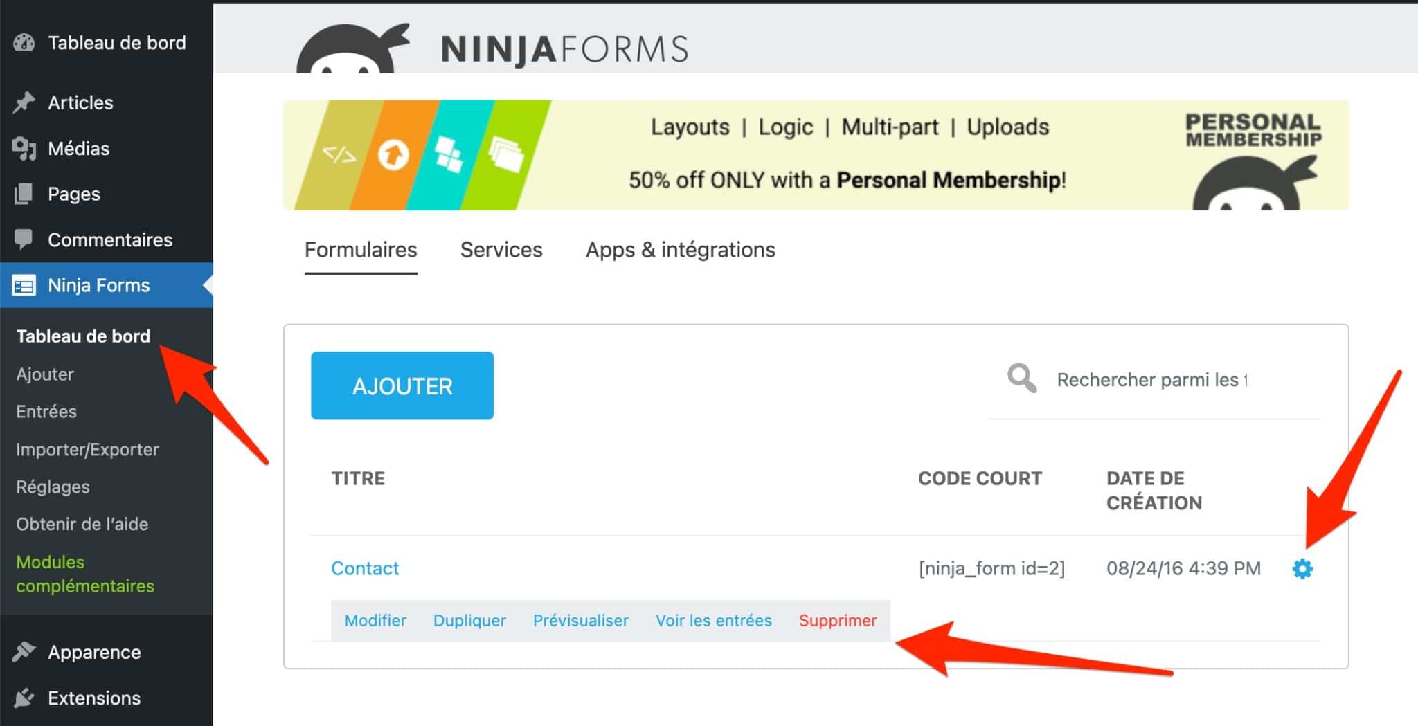 L'onglet Tableau de bord de Ninja Forms.