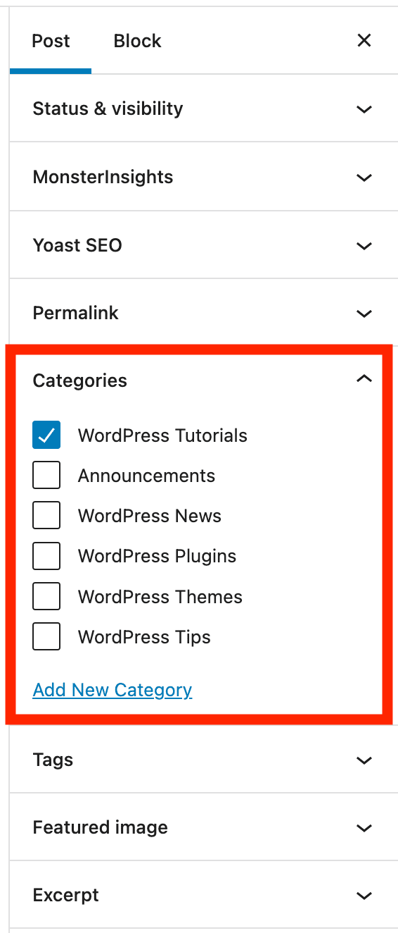 WordPress allows to select one or several categories for your posts.