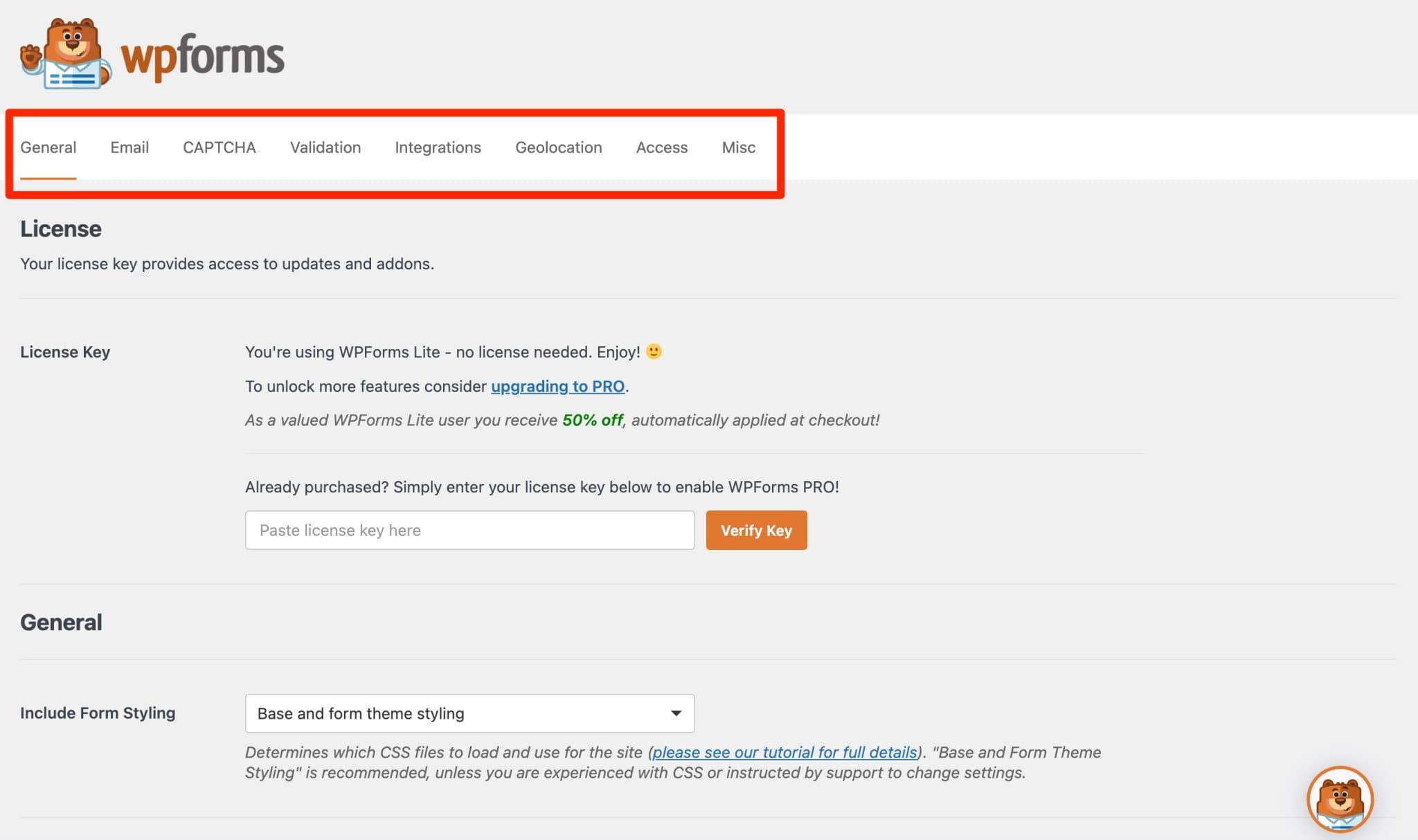 WPForms menu.