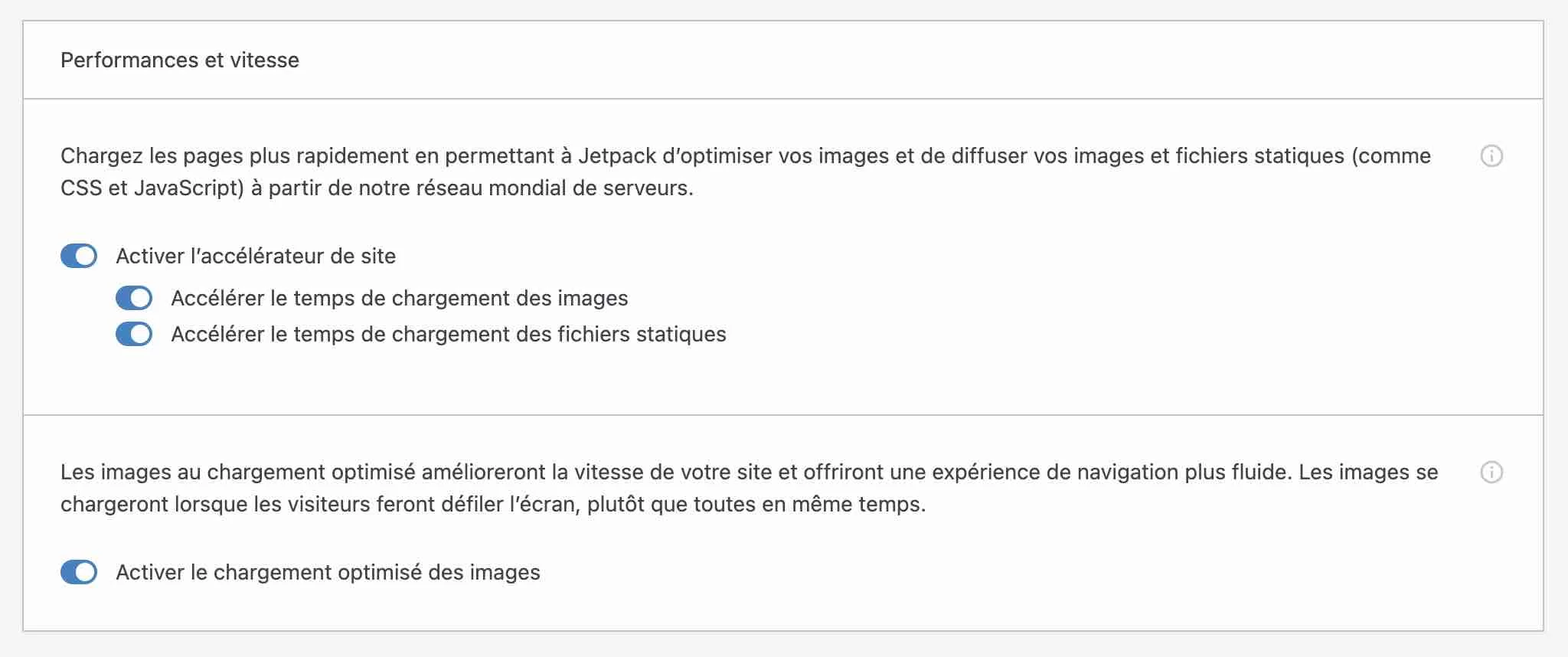 Le module Performances et vitesse de Jetpack.