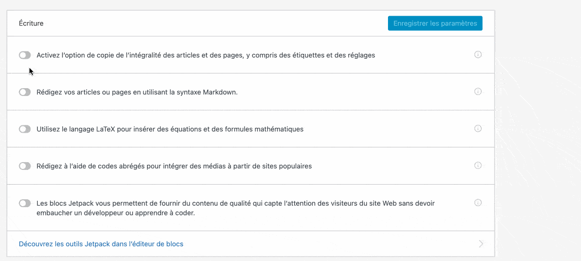 Processus d'activation et de désactivation des modules Jetpack.