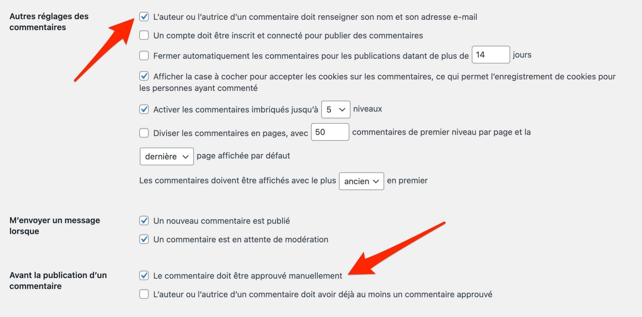 Réglages des commentaires sur WordPress.