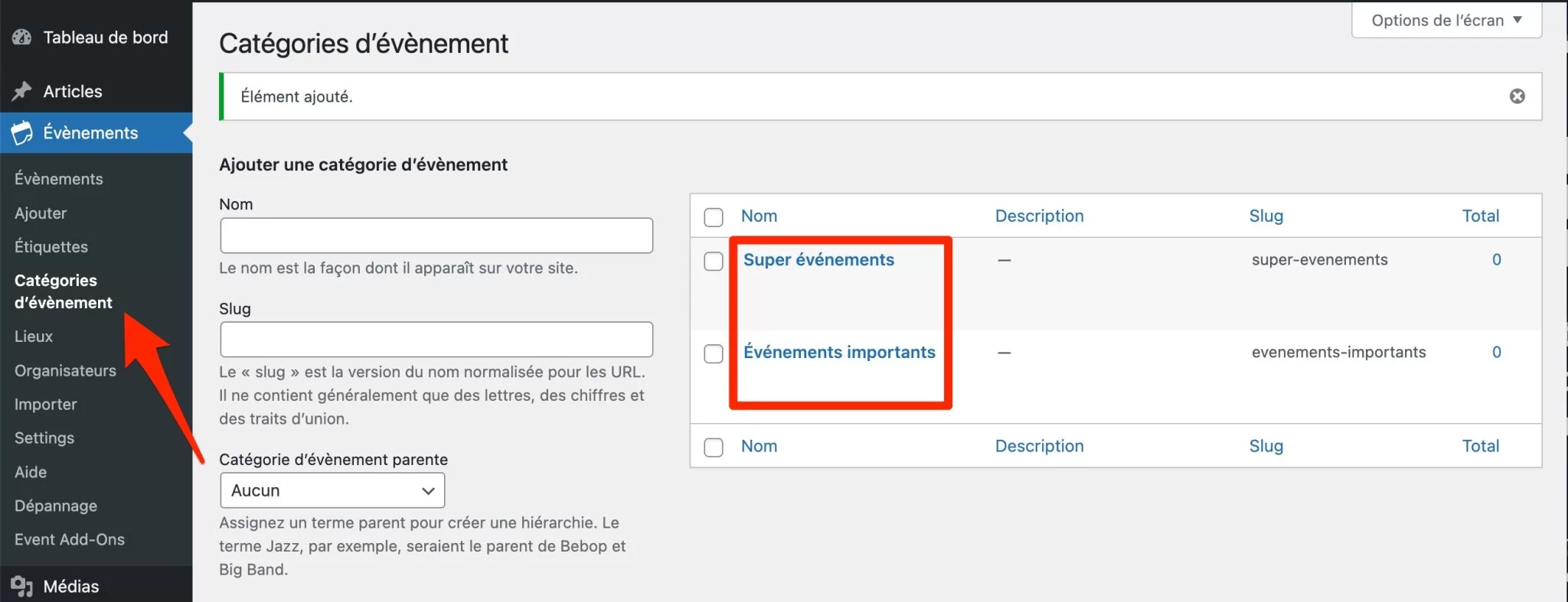 The Events Calendar permet de créer des catégories pour vos événements.