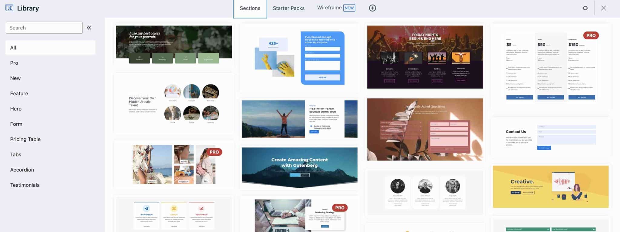 La Design Library du plugin WordPress Kadence Blocks.