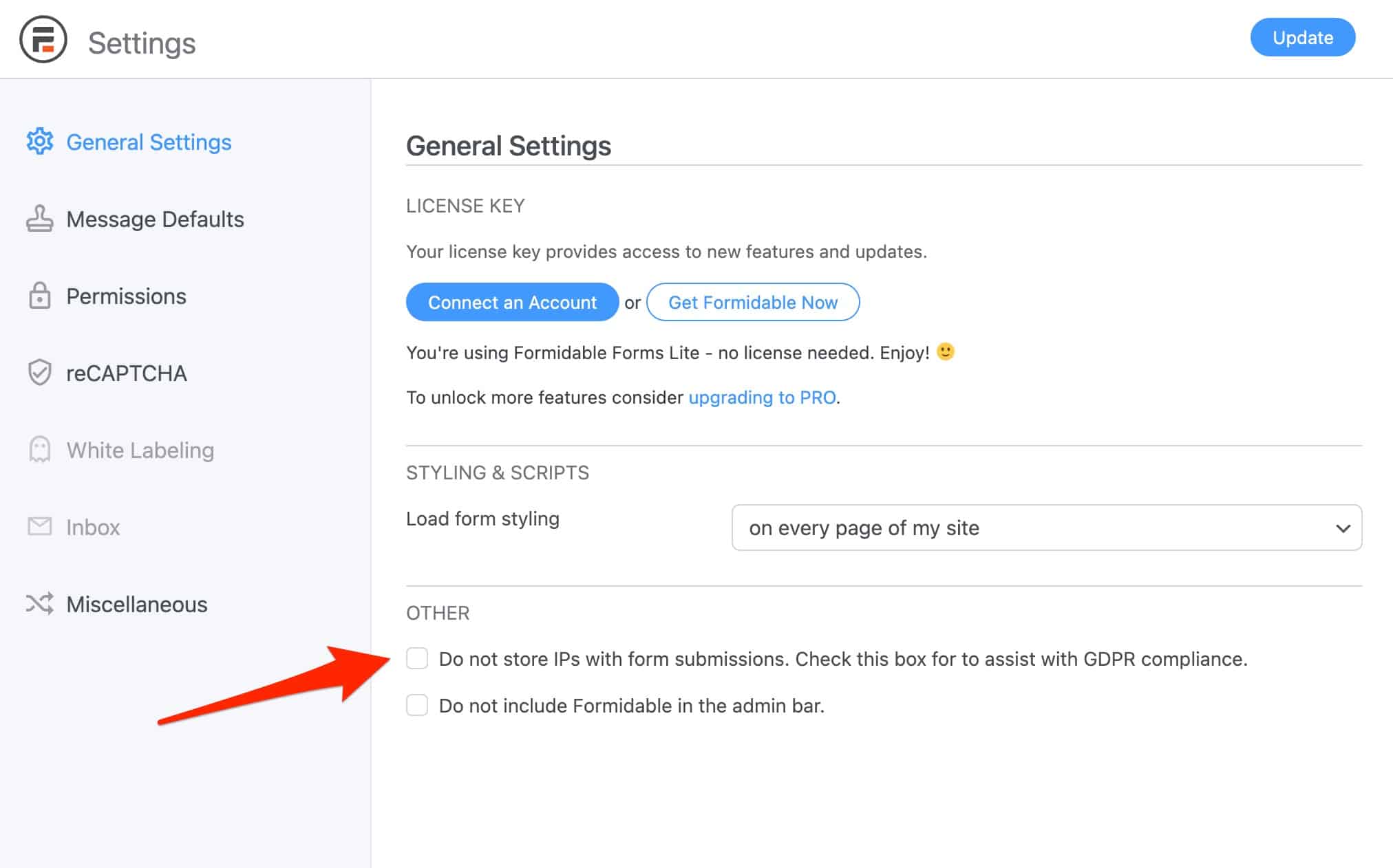 Formidable Forms options to comply with the GDPR regulation.