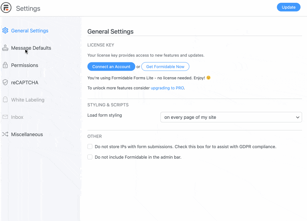The general settings on Formidable Forms Builder.