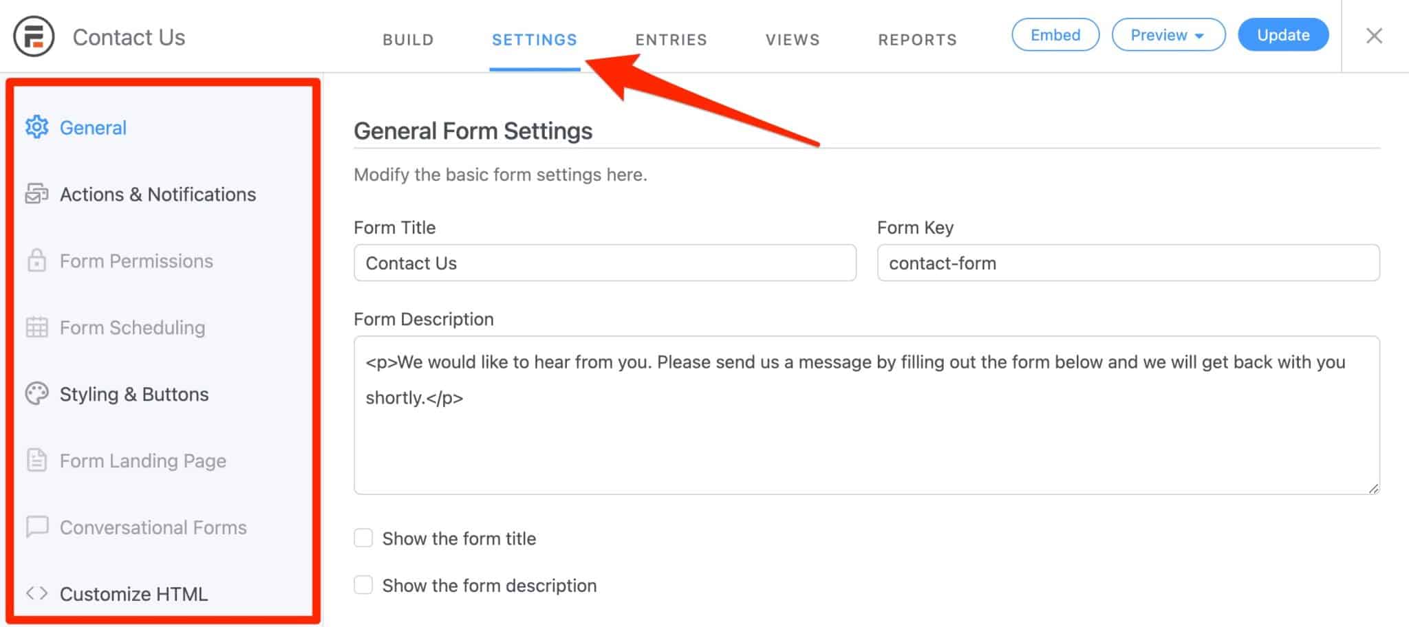 General form settings offered by Formidable Forms Builder.