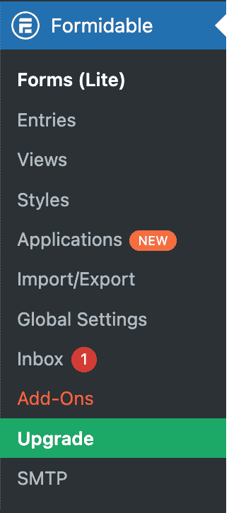 Formidable Forms menu on WordPress.