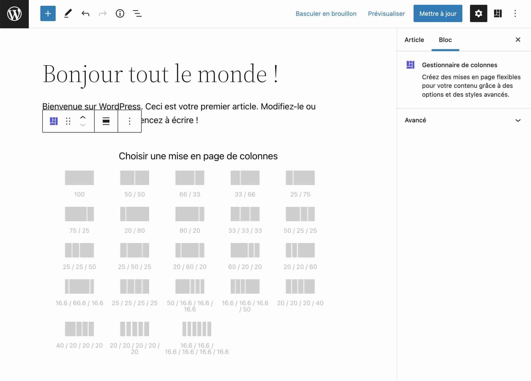 Le bloc Gestionnaire de colonnes de PublishPress.