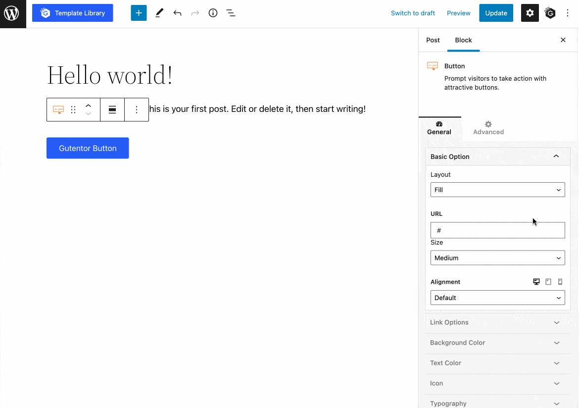Gutentor settings on WordPress.