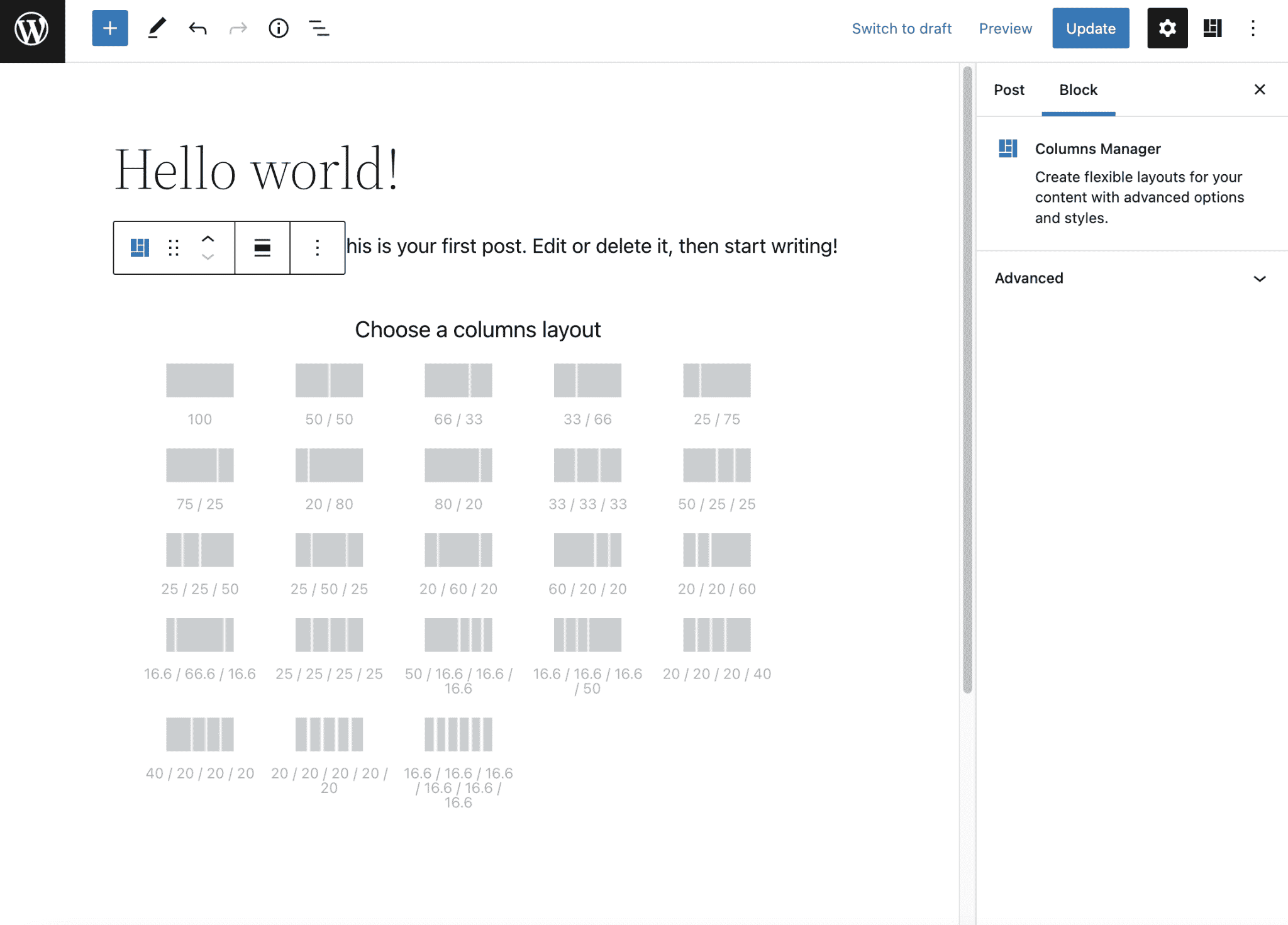 The Column Manager block on PublishPress.