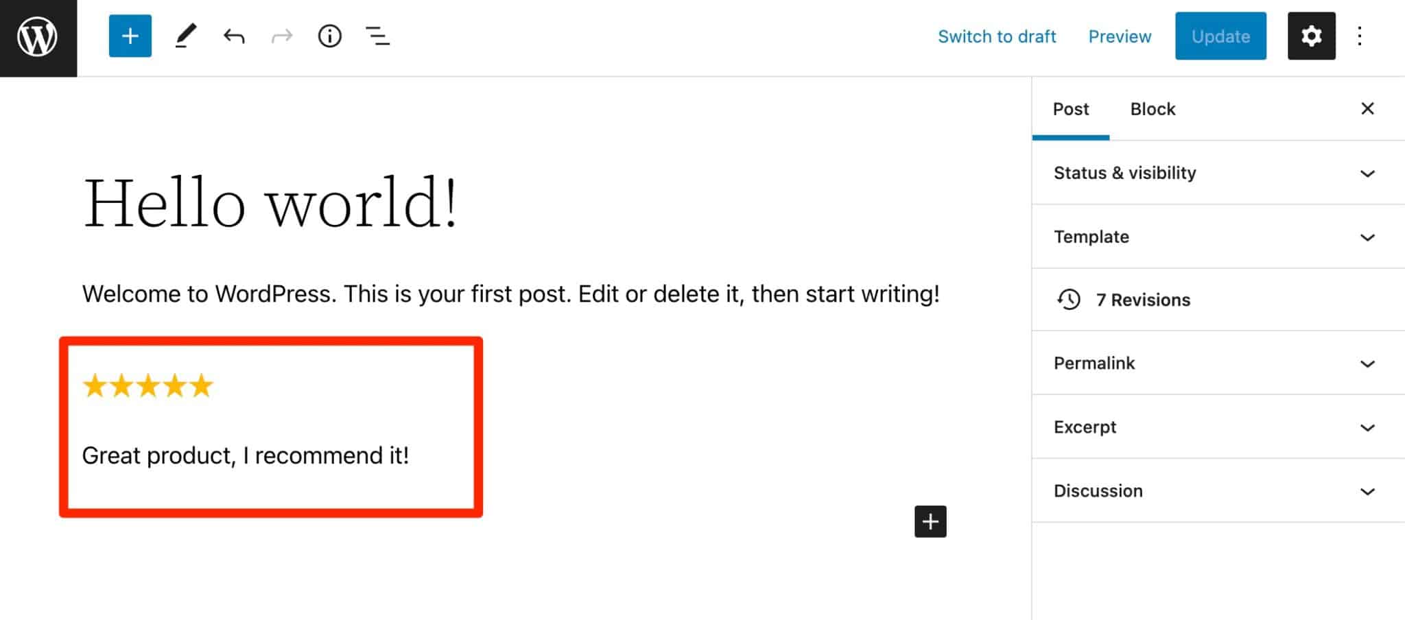 Ultimate Blocks offers a block to add a rating on WordPress.