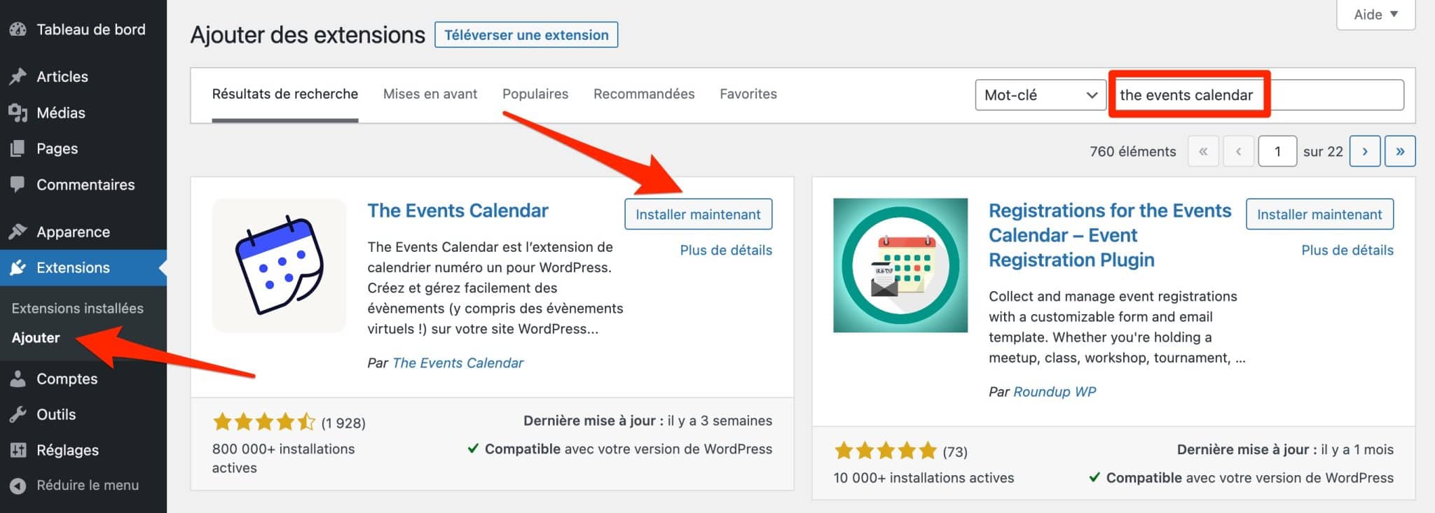 Installation et activation de The Events Calendar.