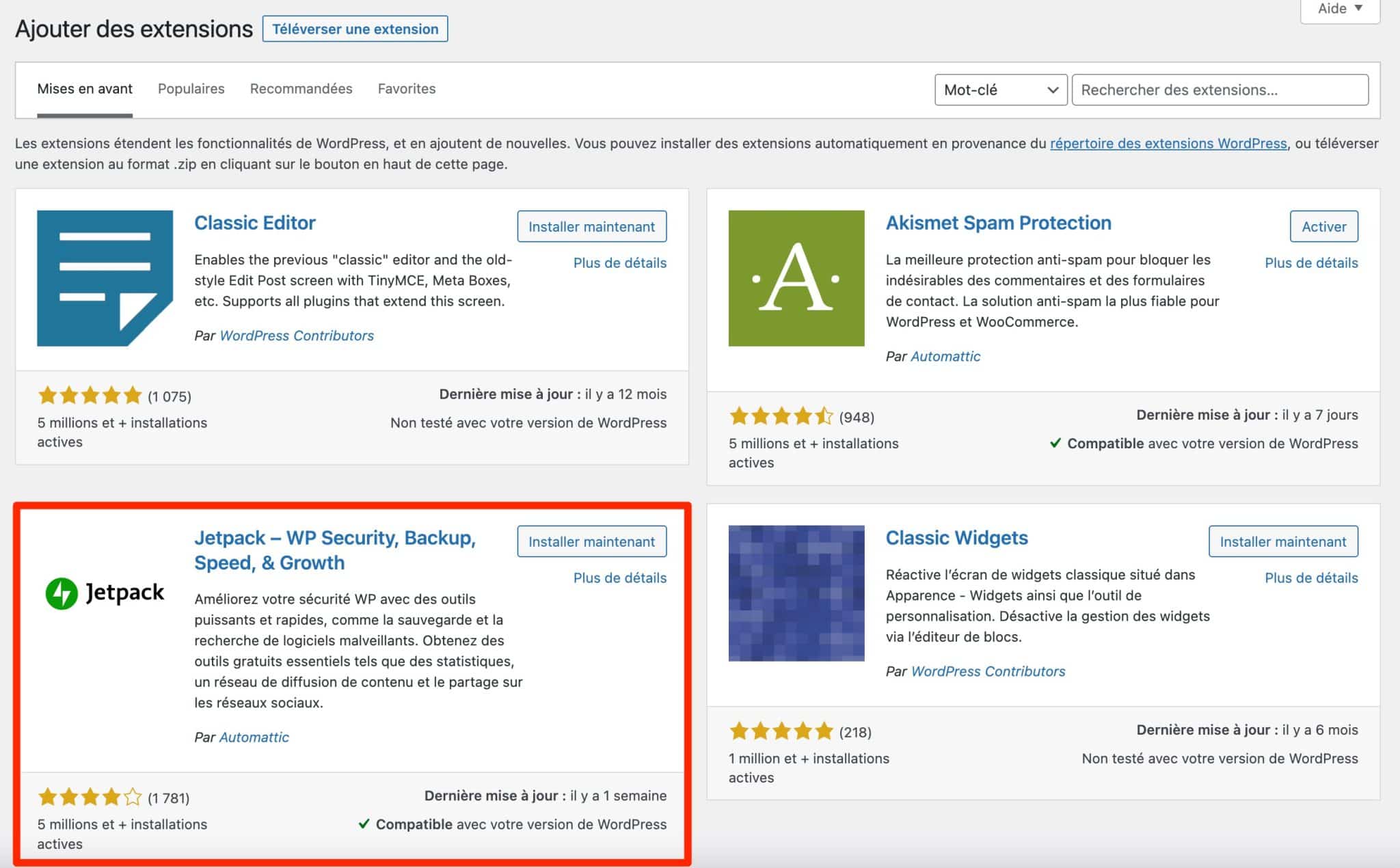 Le plugin Jetpack sur WordPress peut s'installer depuis votre interface d'administration.