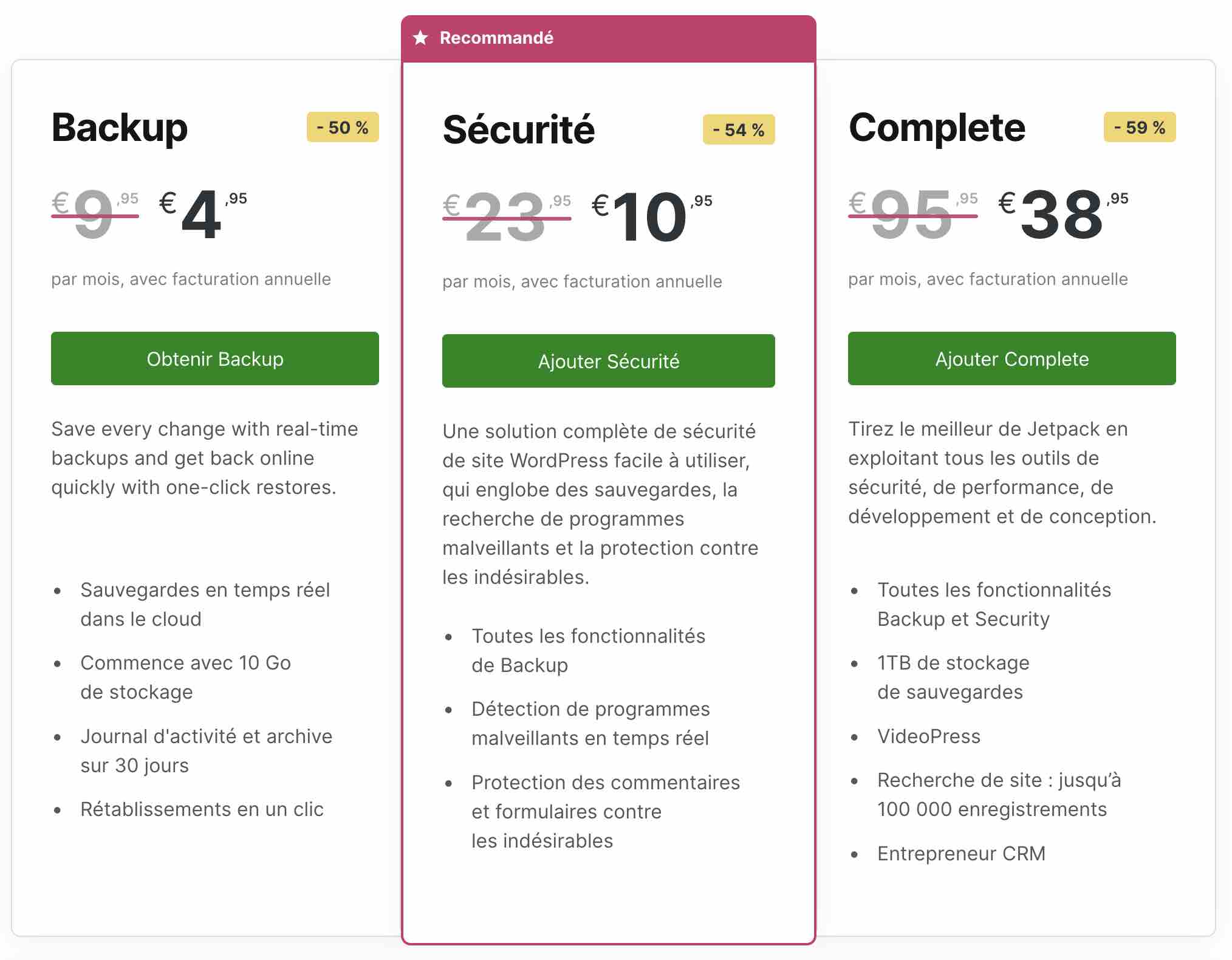 Les licences proposées par Jetpack.