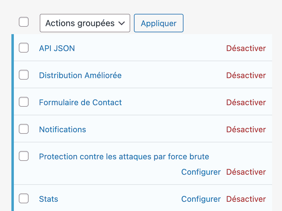 Les modules activés par défaut par Jetpack.