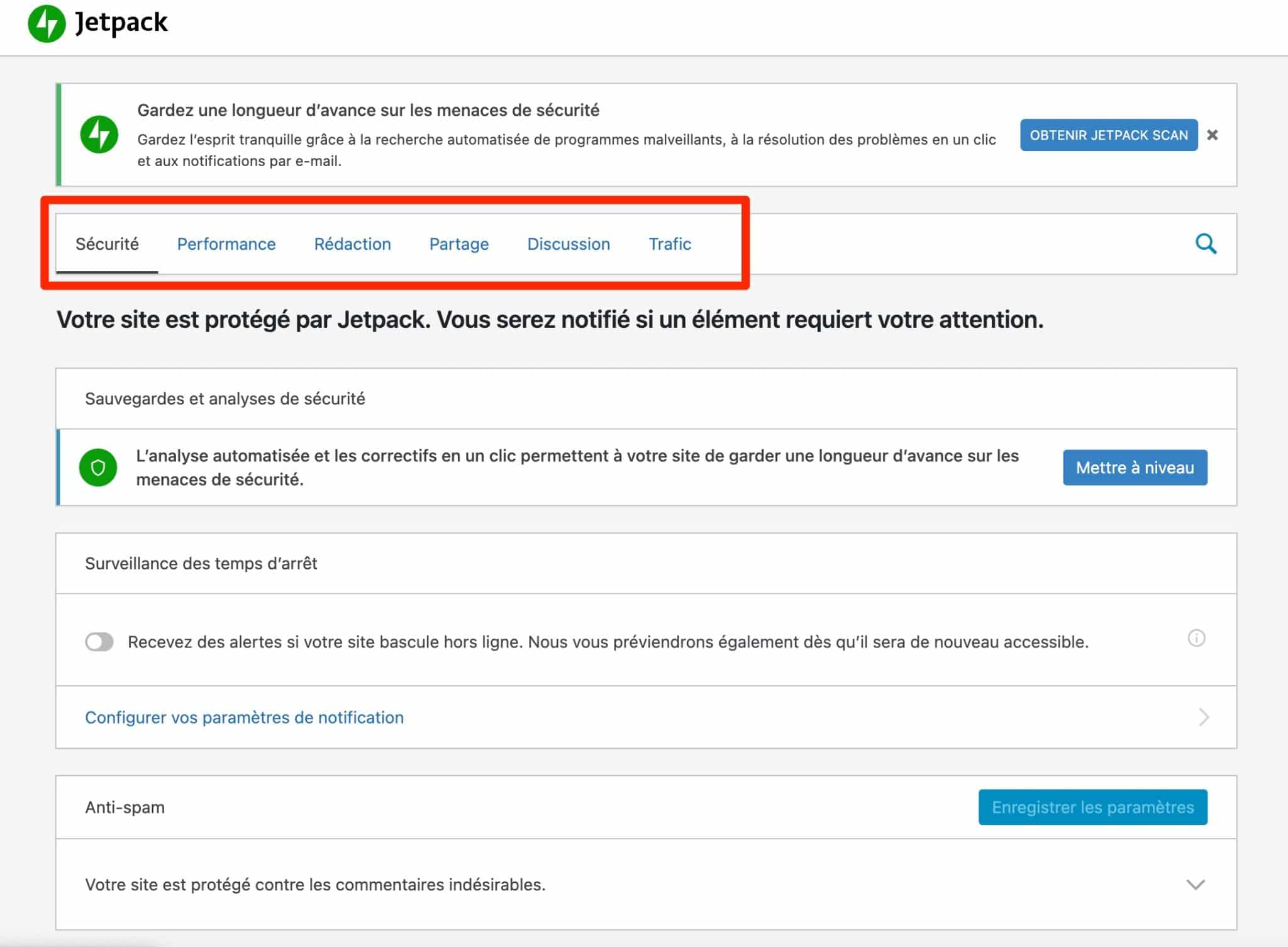 Les onglets de réglages proposés par Jetpack.