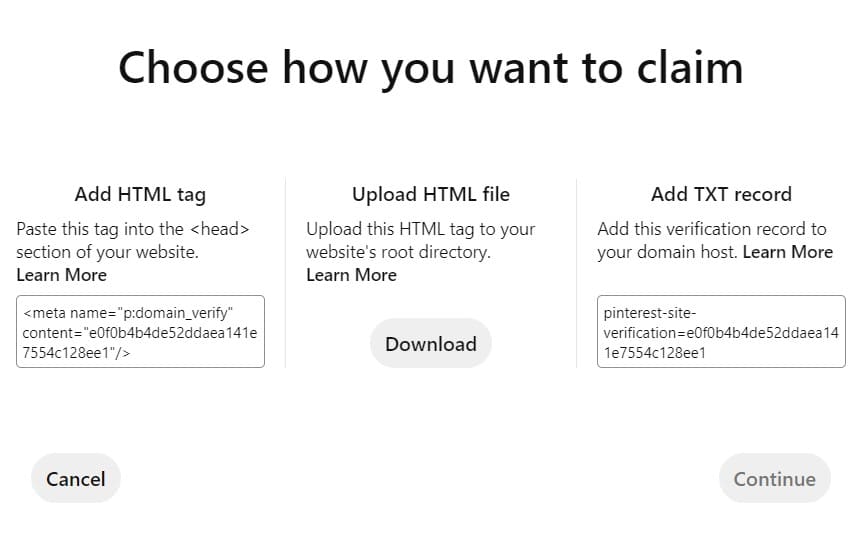 Pinterest offers 3 options to claim an account.