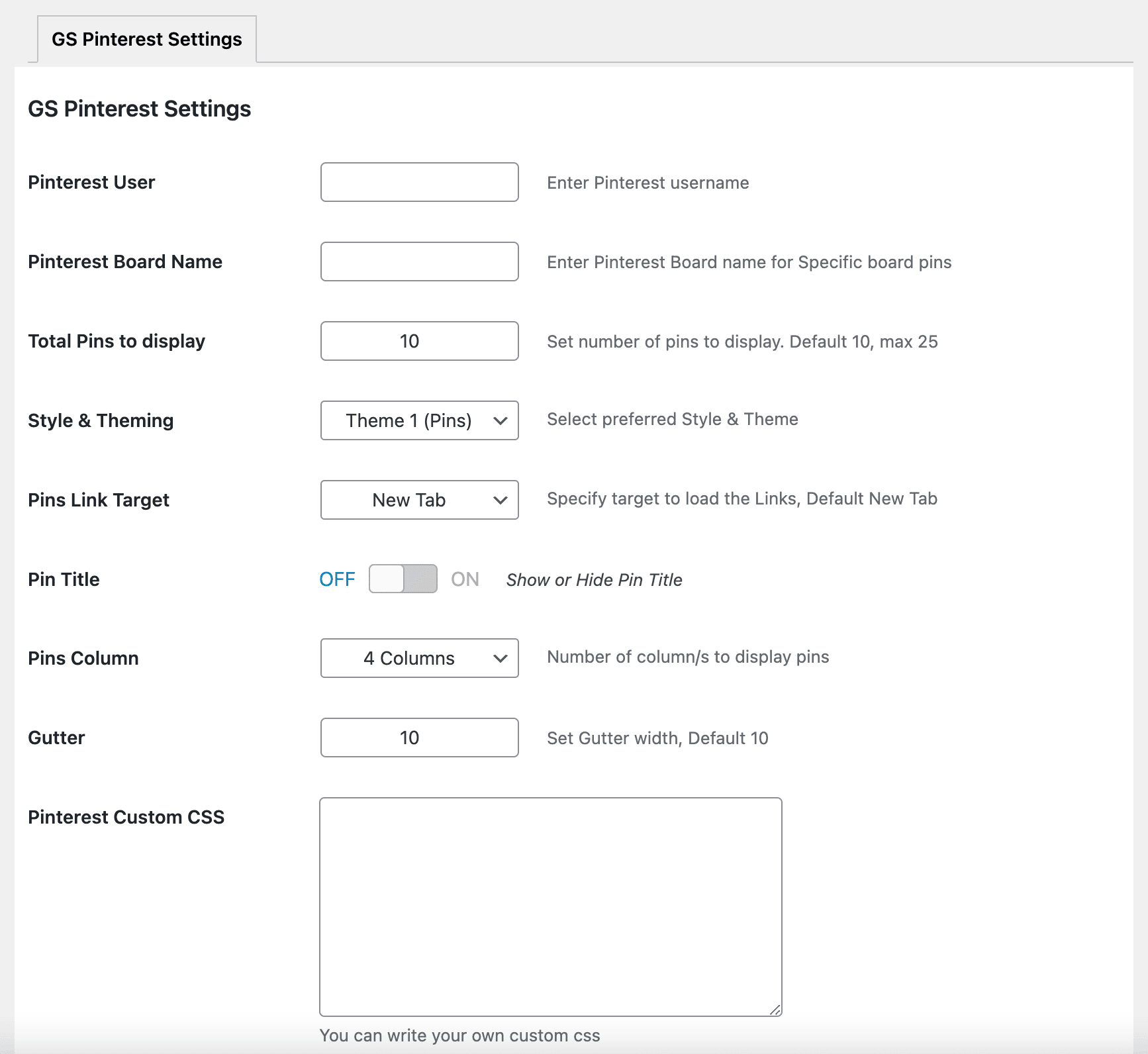 Settings of the GS Pins for Pinterest plugin.